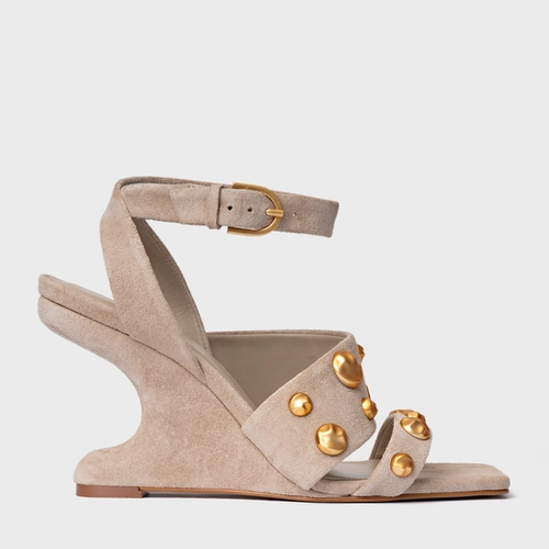 Sandália Balls Salto Anabela Curve Couro Suede Bege Oatmeal