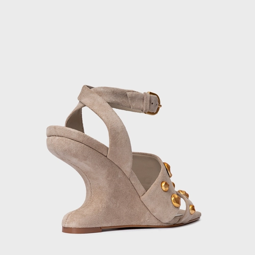 Sandália Balls Salto Anabela Curve Couro Suede Bege Oatmeal