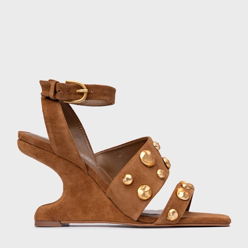 Sandália Balls Salto Anabela Curve Couro Suede Marrom Saddle