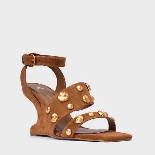 Sandália Balls Salto Anabela Curve Couro Suede Marrom Saddle