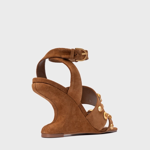 Sandália Balls Salto Anabela Curve Couro Suede Marrom Saddle
