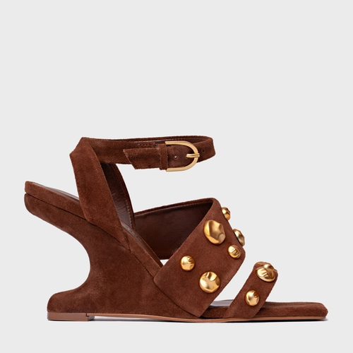 Sandália Balls Salto Anabela Curve Couro Suede Marrom Walnut
