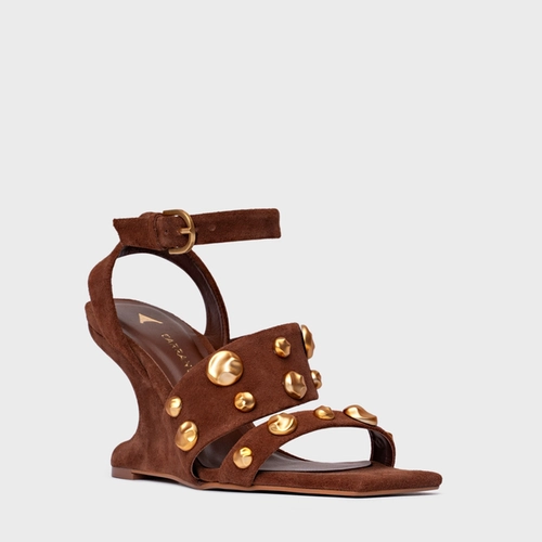Sandália Balls Salto Anabela Curve Couro Suede Marrom Walnut