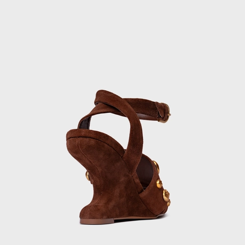 Sandália Balls Salto Anabela Curve Couro Suede Marrom Walnut