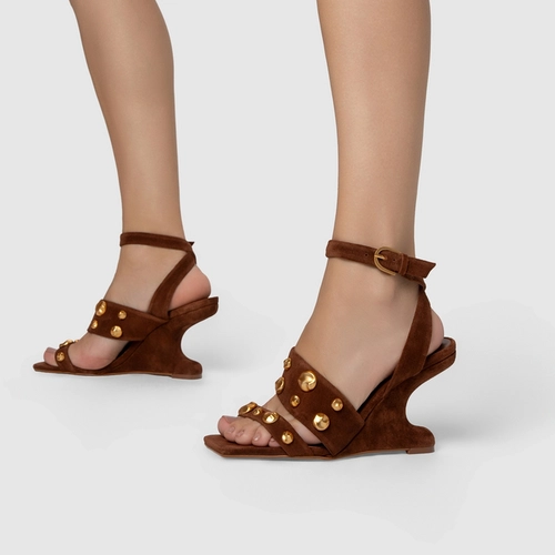 Sandália Balls Salto Anabela Curve Couro Suede Marrom Walnut