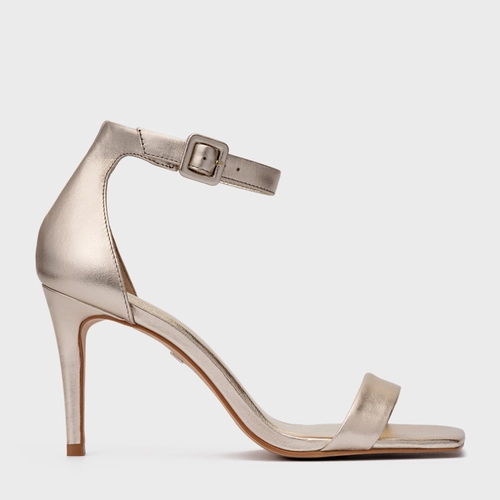 Sandália Minimal Salto Fino Couro Metalizado Champagne