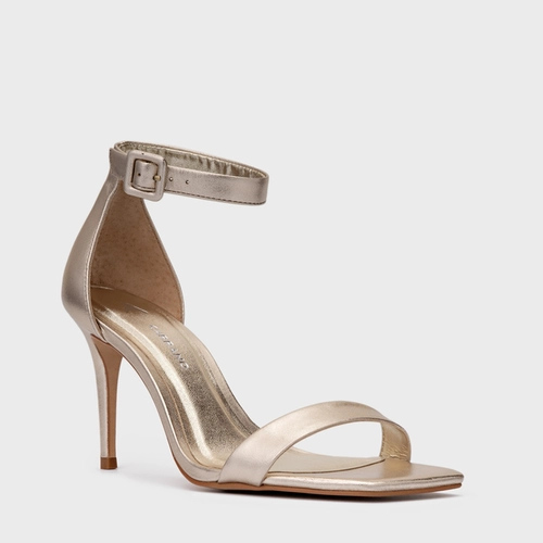 Sandália Minimal Salto Fino Couro Metalizado Champagne