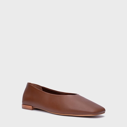 Sapatilha Minimal Bico Quadrado Couro Marrom Walnut