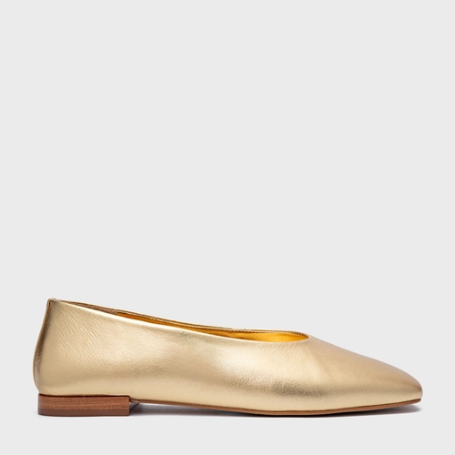 Sapatilha Minimal Bico Quadrado Couro Metalizado Dourado