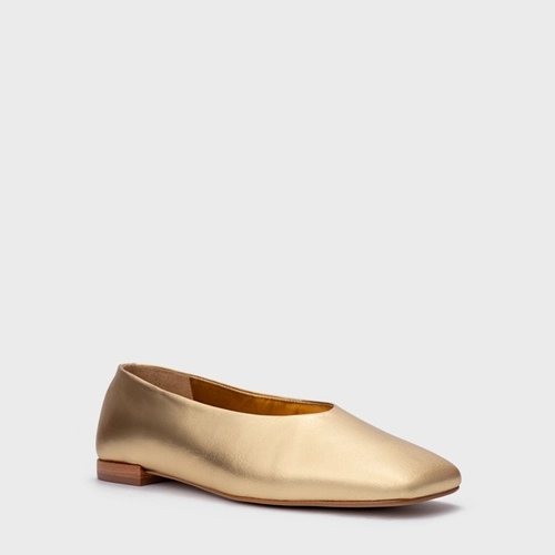 Sapatilha Minimal Bico Quadrado Couro Metalizado Dourado