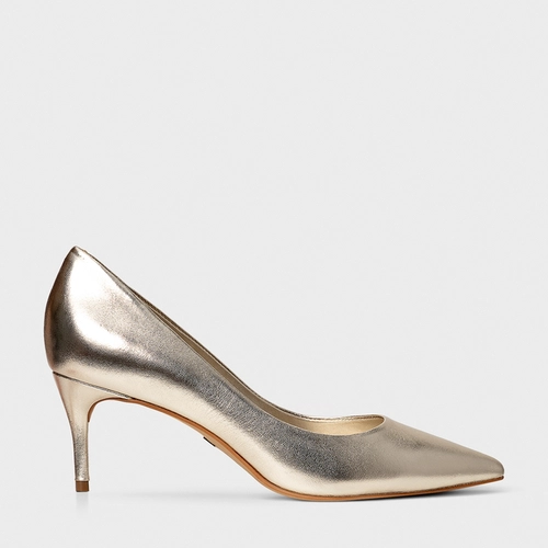 Scarpin Valentina Salto Fino Couro Metalizado Champagne