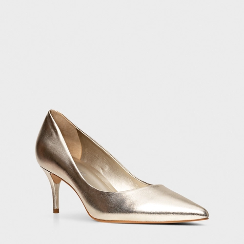 Scarpin Valentina Salto Fino Couro Metalizado Champagne