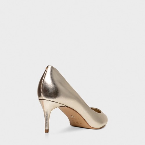 Scarpin Valentina Salto Fino Couro Metalizado Champagne