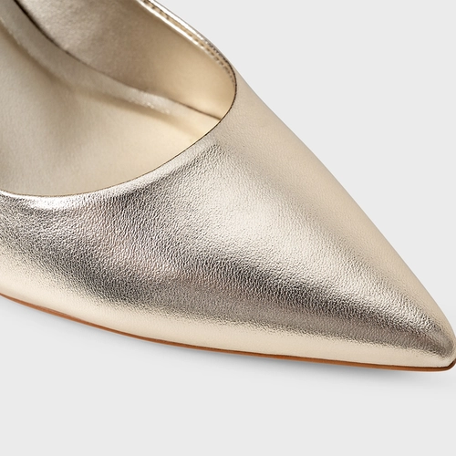 Scarpin Valentina Salto Fino Couro Metalizado Champagne