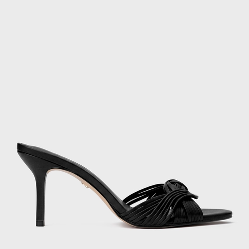 Open Mule Tiras Knot Salto Fino Couro Preto