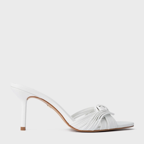 Open Mule Tiras Knot Salto Fino Couro Branco Blanc