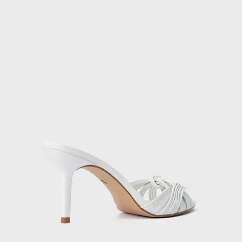 Open Mule Tiras Knot Salto Fino Couro Branco Blanc