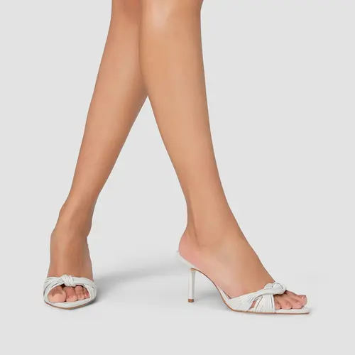Open Mule Tiras Knot Salto Fino Couro Branco Blanc