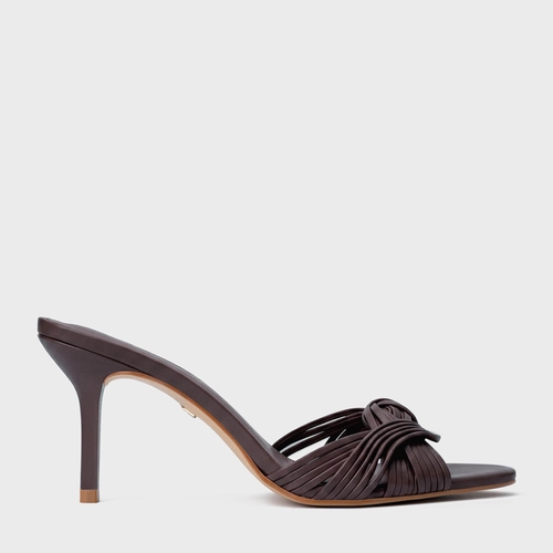 Open Mule Tiras Knot Salto Fino Couro Marrom Ganache