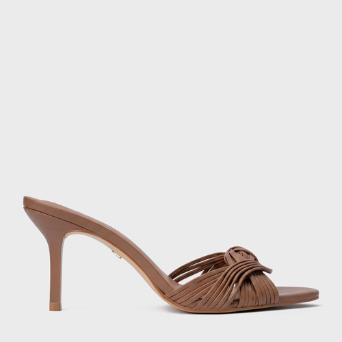 Open Mule Tiras Knot Salto Fino Couro Marrom Gingerbread