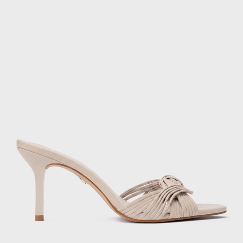 Open Mule Tiras Knot Salto Fino Couro Bege Oatmeal