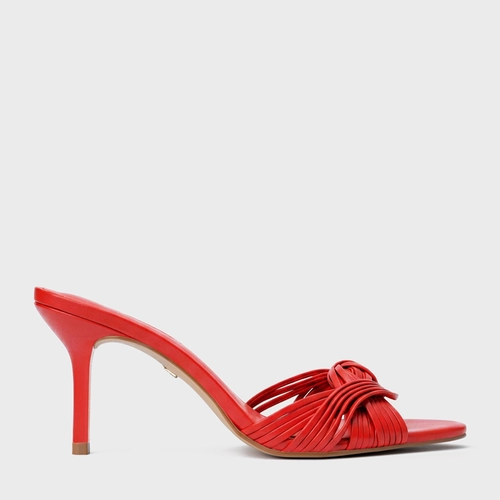 Open Mule Tiras Knot Salto Fino Couro Vermelho Carrano
