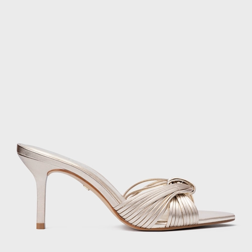 Open Mule Tiras Knot Salto Fino Couro Metalizado Champagne