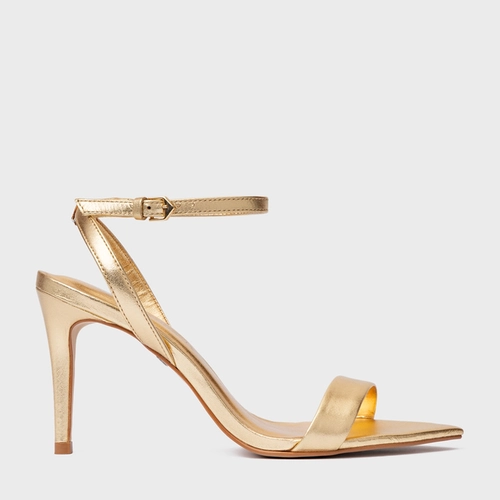 Sandália Minimal Salto Fino Couro Metalizado Dourado