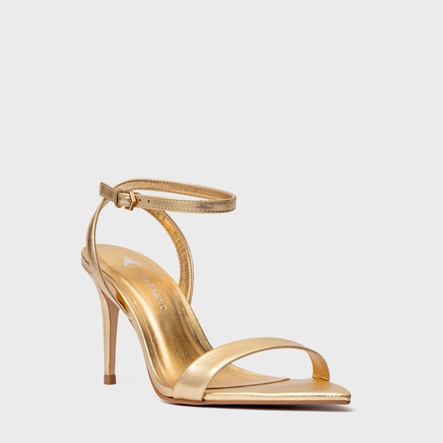 Sandália Minimal Salto Fino Couro Metalizado Dourado