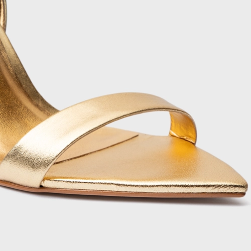 Sandália Minimal Salto Fino Couro Metalizado Dourado
