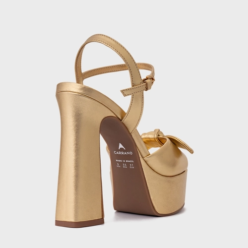 Sandália Plataforma Laço Couro Metalizado Dourado