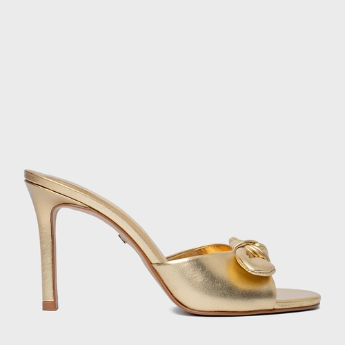 Open Mule Laço Salto Fino Couro Metalizado Dourado