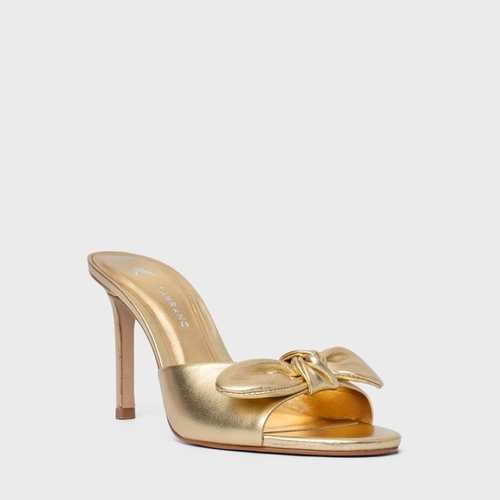 Open Mule Laço Salto Fino Couro Metalizado Dourado