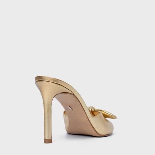 Open Mule Laço Salto Fino Couro Metalizado Dourado