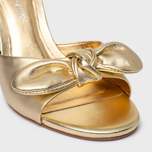 Open Mule Laço Salto Fino Couro Metalizado Dourado