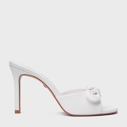 Open Mule Laço Salto Fino Couro Branco Blanc