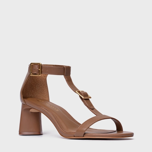 Sandália Front Fivela Salto Bloco Couro Marrom Gingerbread