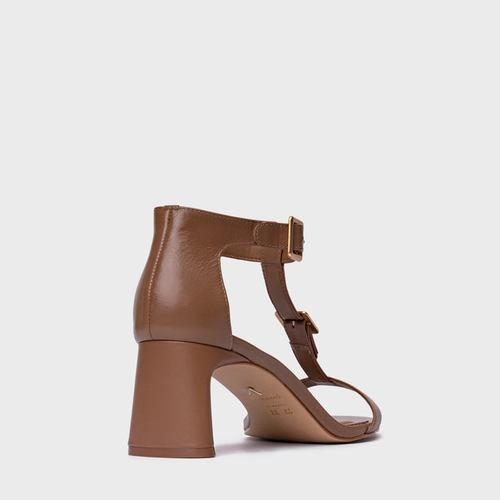 Sandália Front Fivela Salto Bloco Couro Marrom Gingerbread