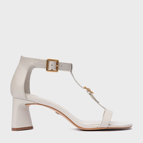 Sandália Front Fivela Salto Bloco Couro Off White Osso