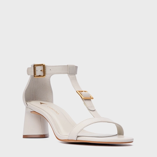 Sandália Front Fivela Salto Bloco Couro Off White Osso