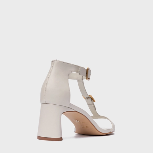 Sandália Front Fivela Salto Bloco Couro Off White Osso