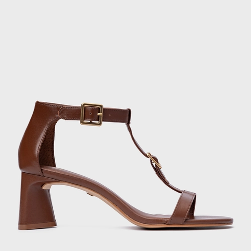 Sandália Front Fivela Salto Bloco Couro Marrom Walnut