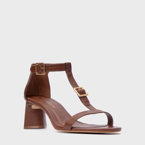 Sandália Front Fivela Salto Bloco Couro Marrom Walnut