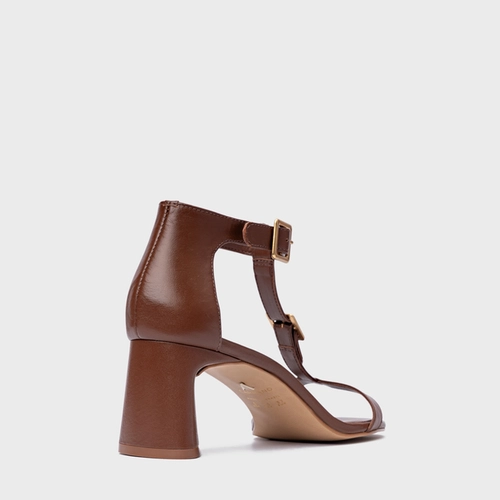 Sandália Front Fivela Salto Bloco Couro Marrom Walnut