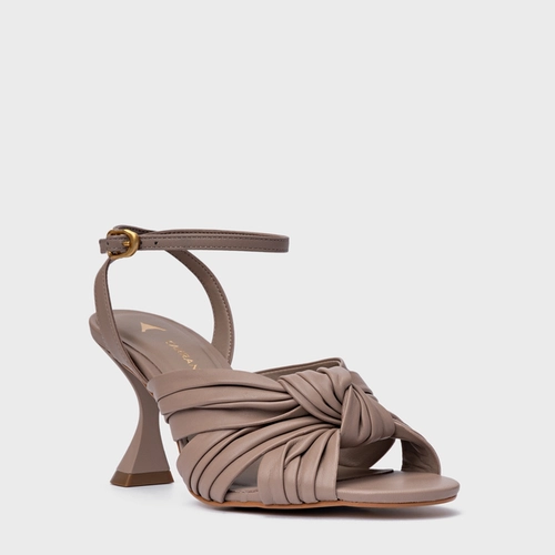 Sandália Maxi Tiras Knot Salto Sculpt Couro Bege Beaver