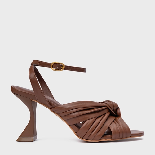 Sandália Maxi Tiras Knot Salto Sculpt Couro Marrom Walnut