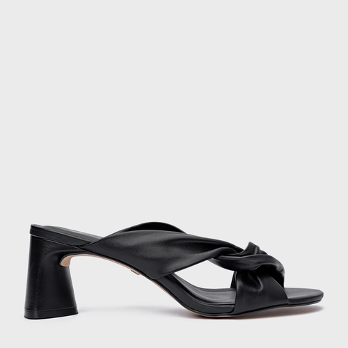 Open Mule Twist Salto Bloco Couro Preto