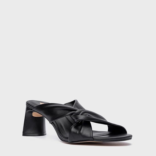 Open Mule Twist Salto Bloco Couro Preto
