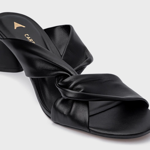 Open Mule Twist Salto Bloco Couro Preto