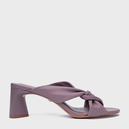 Open Mule Twist Salto Bloco Couro Roxo Dusty Mauve